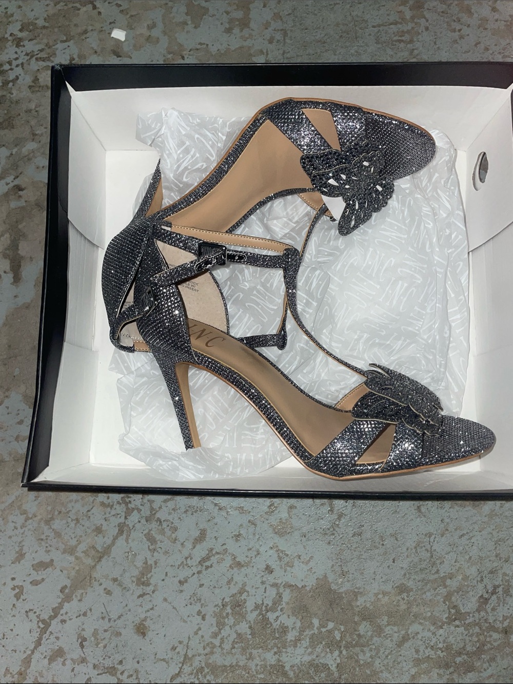 INC International Concepts Black Glitter Strappy High Heel Sandals
